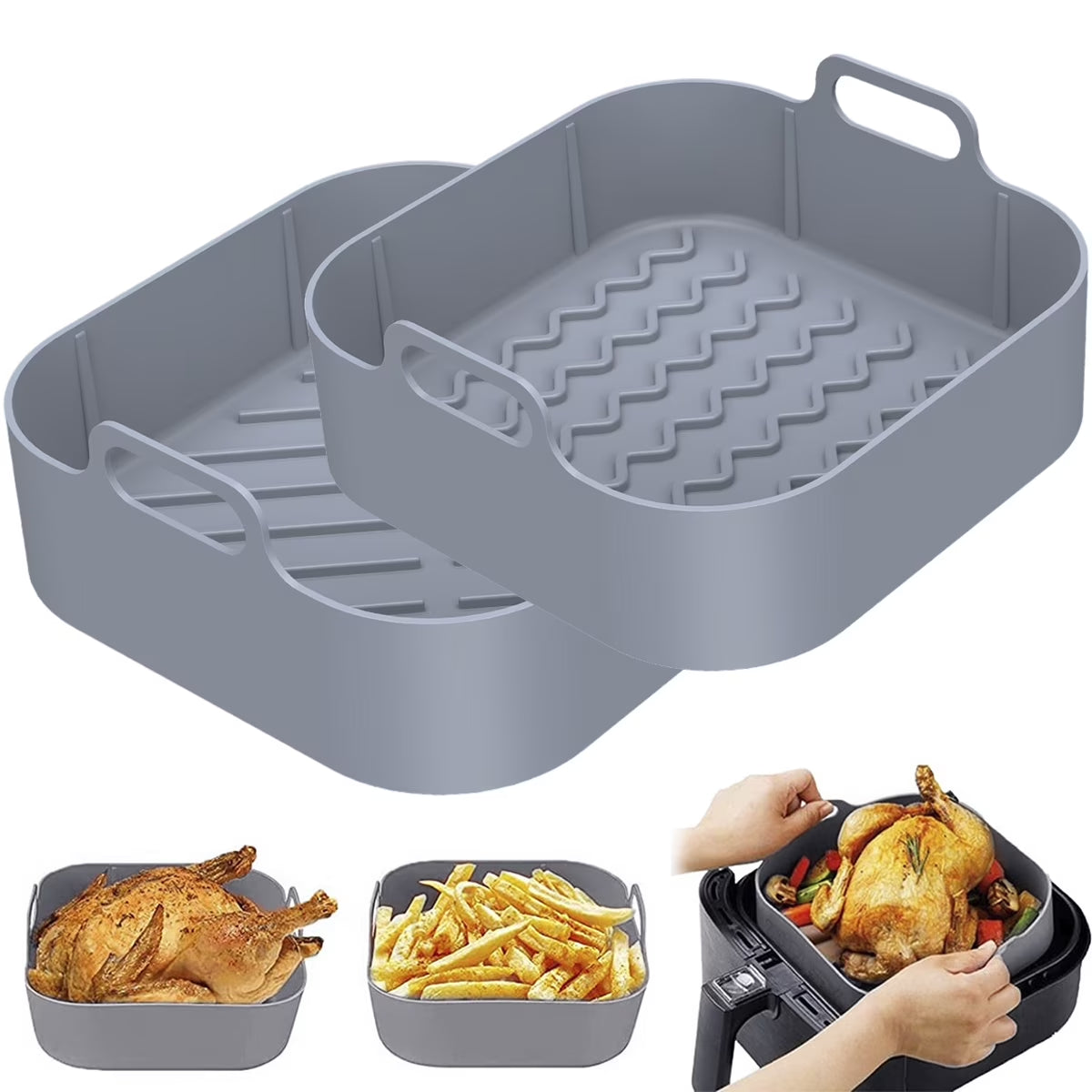 2Pcs Air Fryer Silicone Liner with Handle Reusable Air Fryer Silicone Pan Square Air Fryer Silicone Pot Heat Resistant Air Fryer Silicone Tray Nonstick Air Fryer Liner Accessories for 6QT Air Fryer
