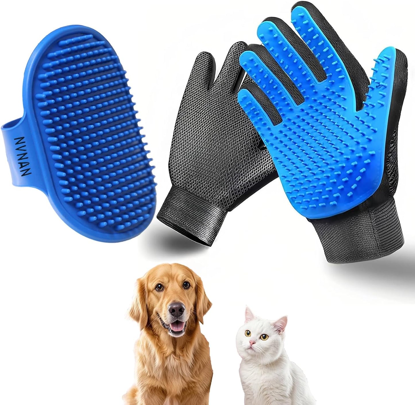 Pet Hair Removal Glove for Dogs & Cats, 2-In-1 Deshedding Brush & Massage Mitt - Grooming Gloves for Shedding Control, Bathing and Washing, Safe for Short/Long Hair Pets 2-Pack (Blue)