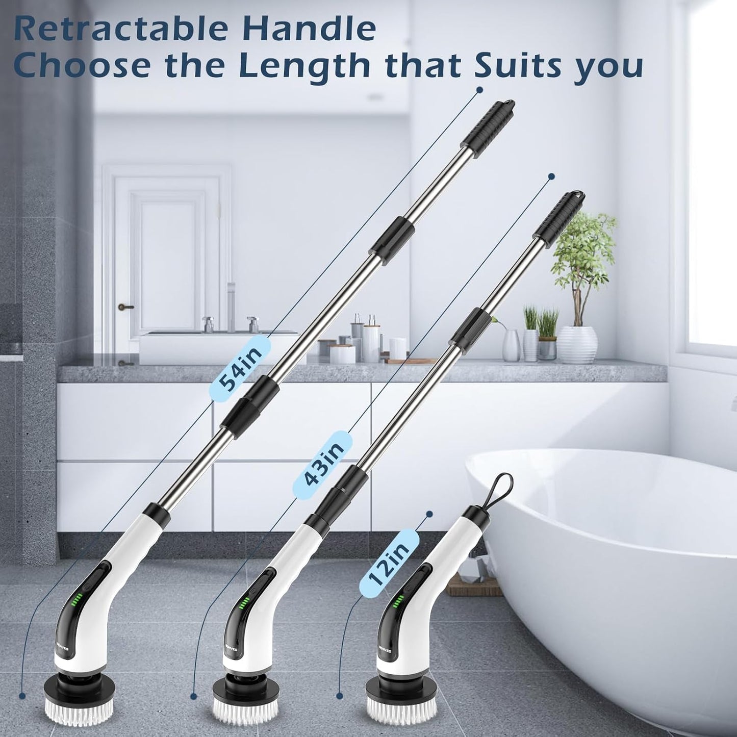 Electric Spin Scrubber, Cordless Cleaning Brush Scrubber for Home, Multi Replaceable Brush Heads-90Mins Work Time, 3 Adjustable Size, 2 Speeds for Bathroom Shower Bathtub Glass Car