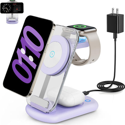 2026 Traveling Wireless Mag-Safe Fast Charging Station,Magnetic 3 in 1 Charger with Light for Iphone 17 16 15 14 13 12 Pro Max Plus,Apple Watch& Air Pods 4 3 2 Pro-Gifts for Wife & Husband(White)