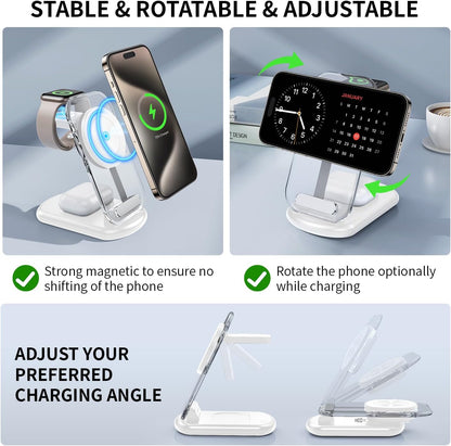 2026 Traveling Wireless Mag-Safe Fast Charging Station,Magnetic 3 in 1 Charger with Light for Iphone 17 16 15 14 13 12 Pro Max Plus,Apple Watch& Air Pods 4 3 2 Pro-Gifts for Wife & Husband(White)