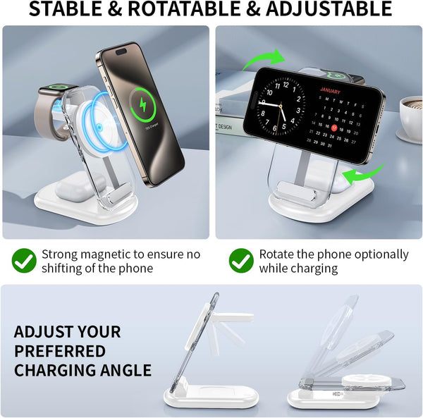 2026 Traveling Wireless Mag-Safe Fast Charging Station,Magnetic 3 in 1 Charger with Light for Iphone 17 16 15 14 13 12 Pro Max Plus,Apple Watch& Air Pods 4 3 2 Pro-Gifts for Wife & Husband(White)