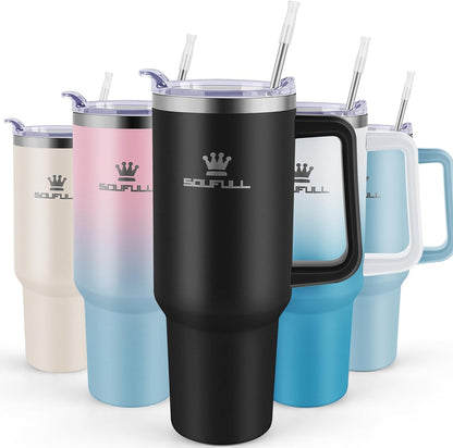 40 Oz Tumbler with Handle and Straw Lid, 100% Leak-Proof, Pinkblue | Stainless Steel Insulated Travel Coffee Cup, Keeps Cold 34Hrs or Hot 10Hrs, Dishwasher Safe