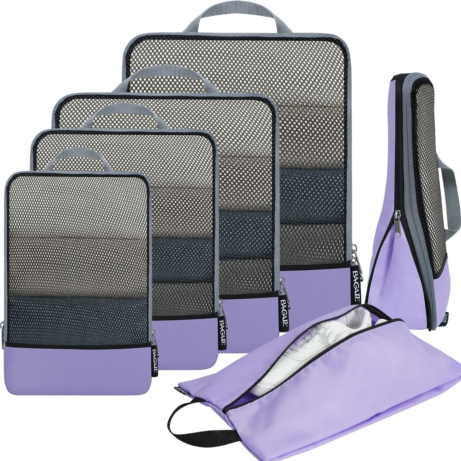 4 Set/6 Set/8 Set Compression Packing Cubes Travel Accessories Expandable Packing Organizers (Half Mesh, 6-Black)