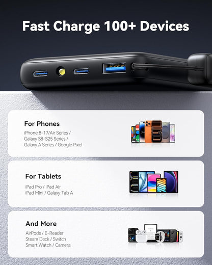 45W Fast Charging Portable Charger, 40% Smaller 10000Mah with Detachable Cable, Flight-Safe Travel Power Bank, USB C External Phone Battery Pack for Iphone 17 16 Pro Ipad Samsung S26 Google Etc