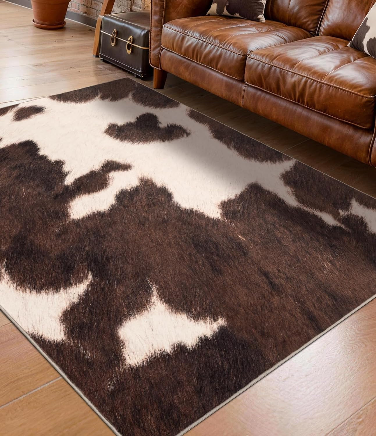 Cowhide 4X6 Area Rug, Brown Cow Rugs for Living Room, Soft Low-Pile Washable Rug, Western Rustic Faux Animal Print Rugs for Bedroom, Dining Room