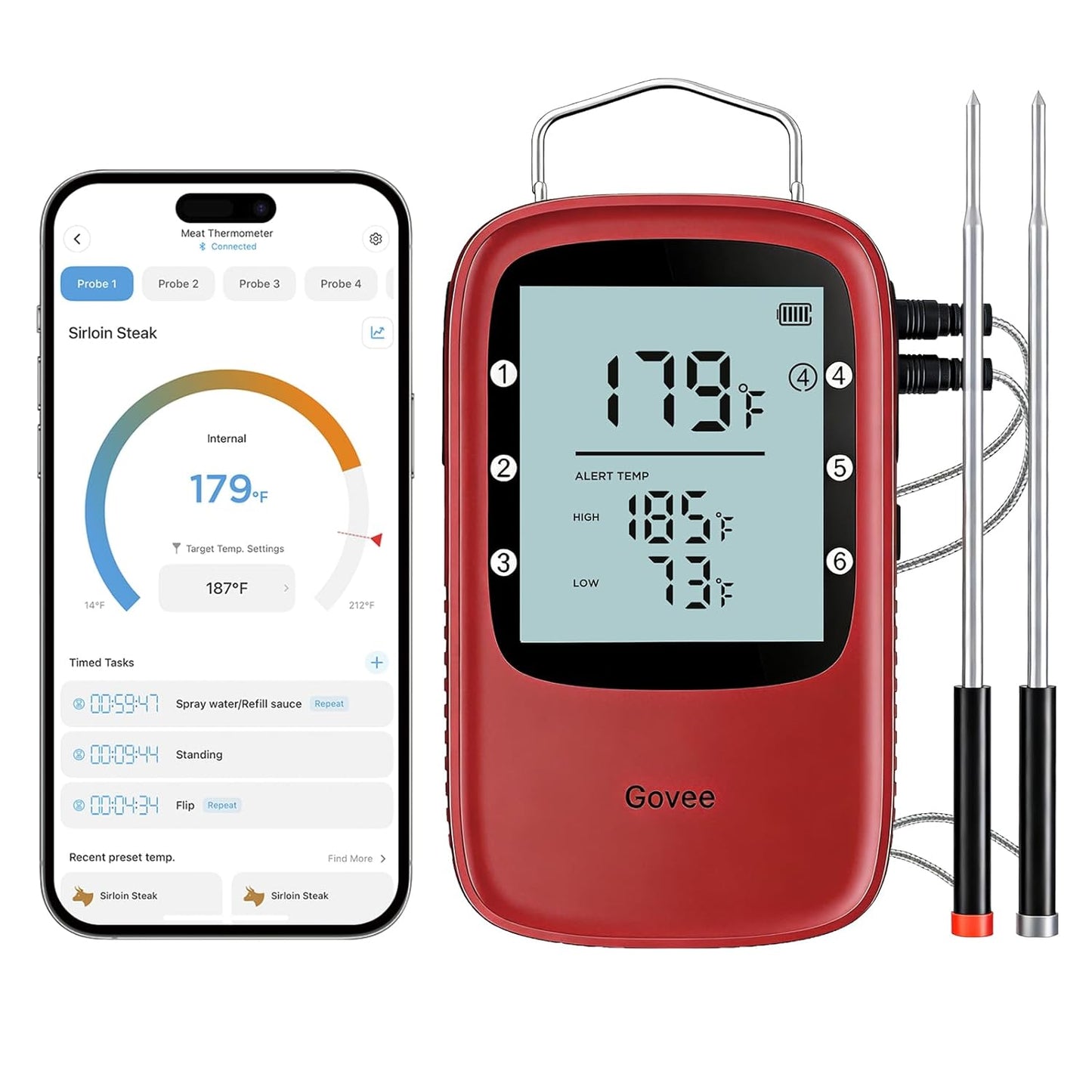 Govee Bluetooth Meat Thermometer Digital with Smart App Timer and Alerts | 2 Probes, 230Ft Bluetooth Range, Smart LCD Backlight, Free Data Storage, Grill Thermometer for Cooking Turkey, Beef, Fish