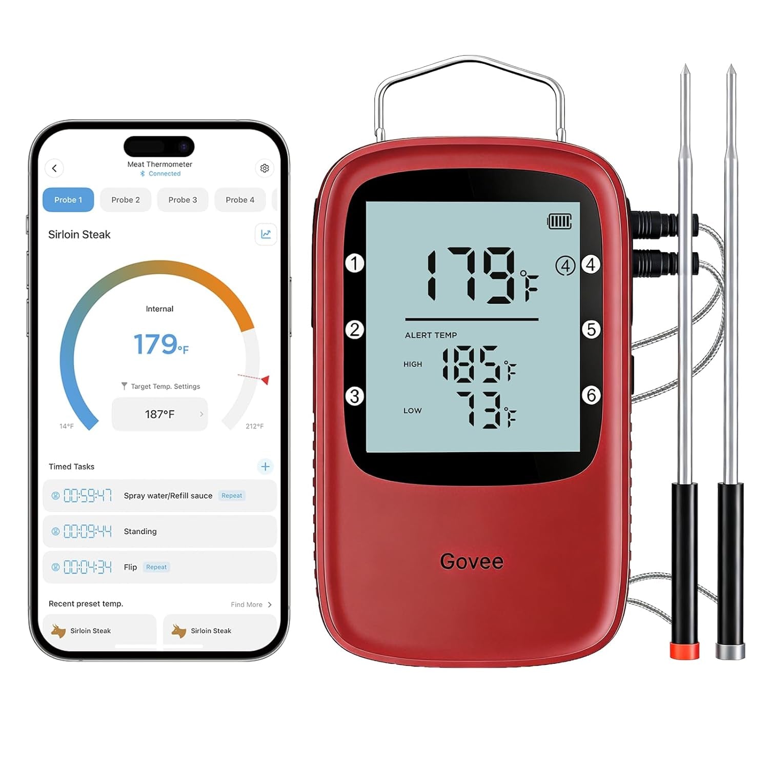 Govee Bluetooth Meat Thermometer Digital with Smart App Timer and Alerts | 2 Probes, 230Ft Bluetooth Range, Smart LCD Backlight, Free Data Storage, Grill Thermometer for Cooking Turkey, Beef, Fish