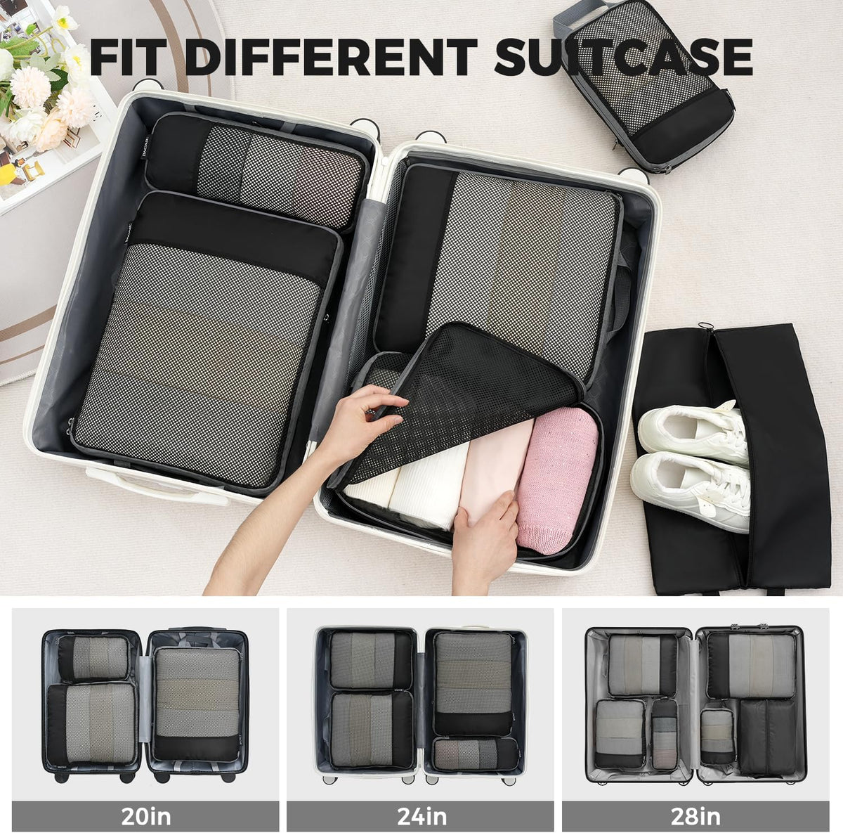 4 Set/6 Set/8 Set Compression Packing Cubes Travel Accessories Expandable Packing Organizers (Half Mesh, 6-Black)
