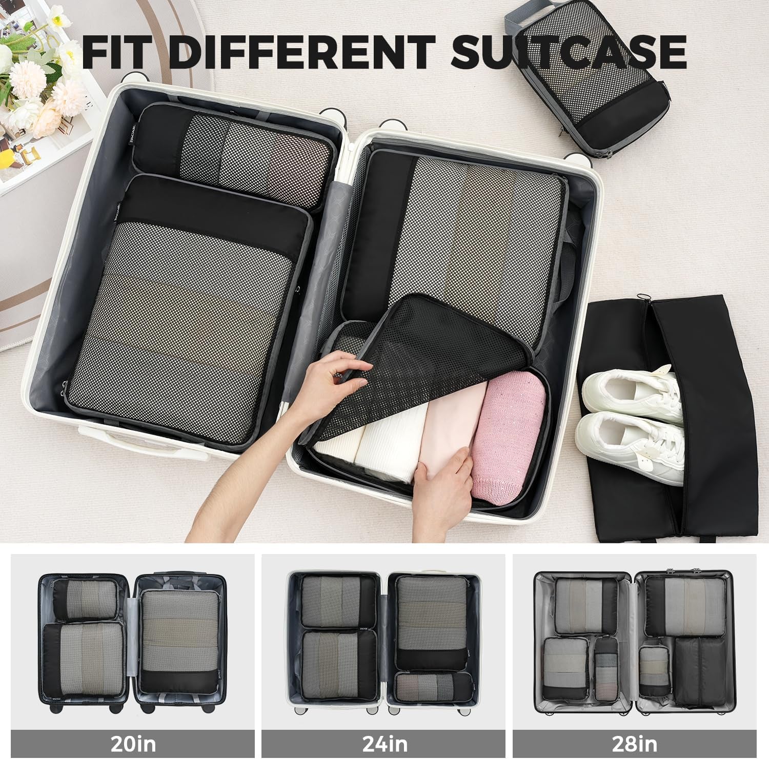 4 Set/6 Set/8 Set Compression Packing Cubes Travel Accessories Expandable Packing Organizers (Half Mesh, 6-Black)