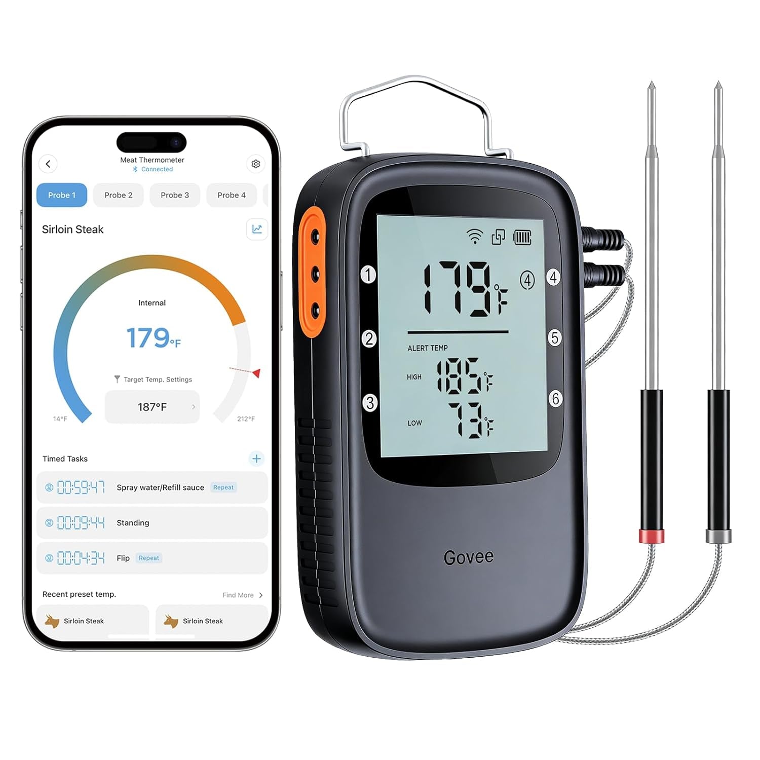 Govee Bluetooth Meat Thermometer Digital with Smart App Timer and Alerts | 2 Probes, 230Ft Bluetooth Range, Smart LCD Backlight, Free Data Storage, Grill Thermometer for Cooking Turkey, Beef, Fish