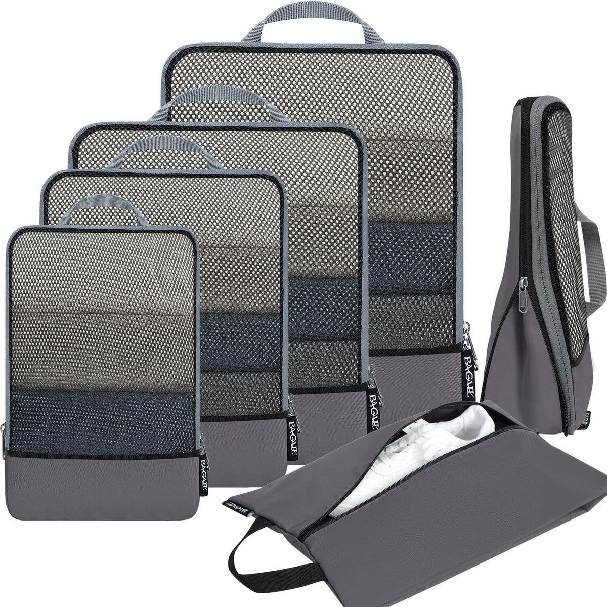 4 Set/6 Set/8 Set Compression Packing Cubes Travel Accessories Expandable Packing Organizers (Half Mesh, 6-Black)