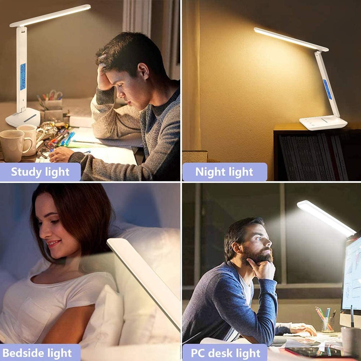 Desk Lamp with Wireless Charger: USB Charging Port, Table Lamp with Clock, Desk Lamps for Home Office College Dorm Room Essentials