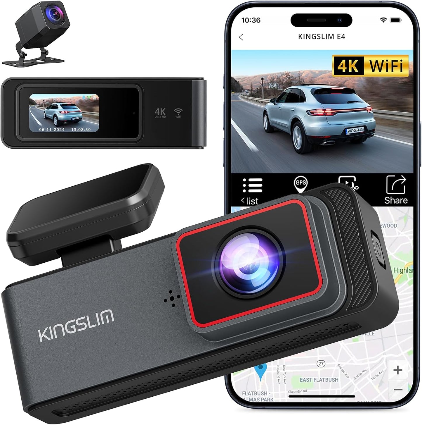 E4 4K Dash Cam Front and Rear, Wifi Front 4K Rear 1080P Dual Dash Camera for Cars, Mini Dashcam with APP Control, Night Vision, Parking Mode