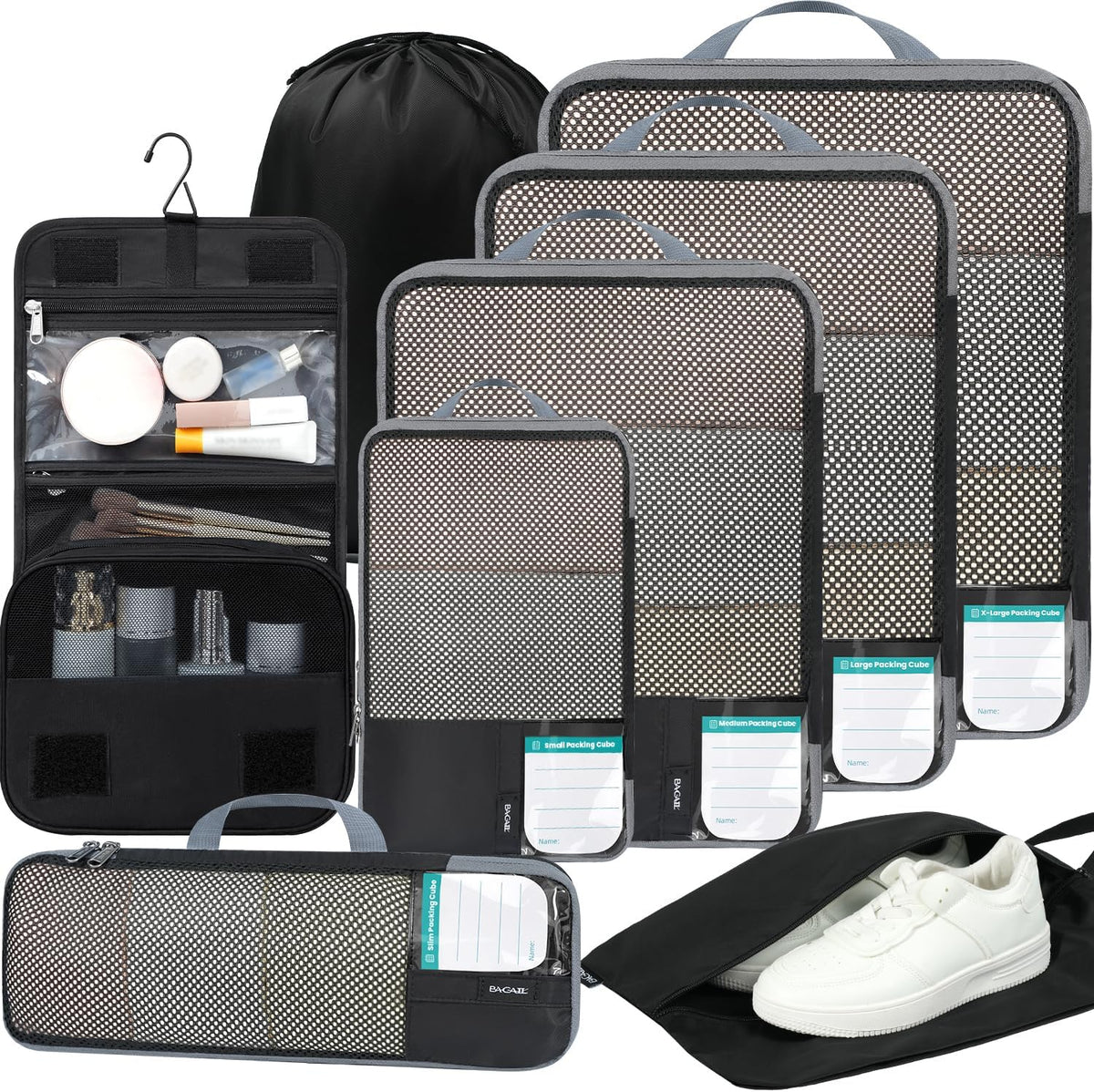 4 Set/6 Set/8 Set Compression Packing Cubes Travel Accessories Expandable Packing Organizers (Half Mesh, 6-Black)