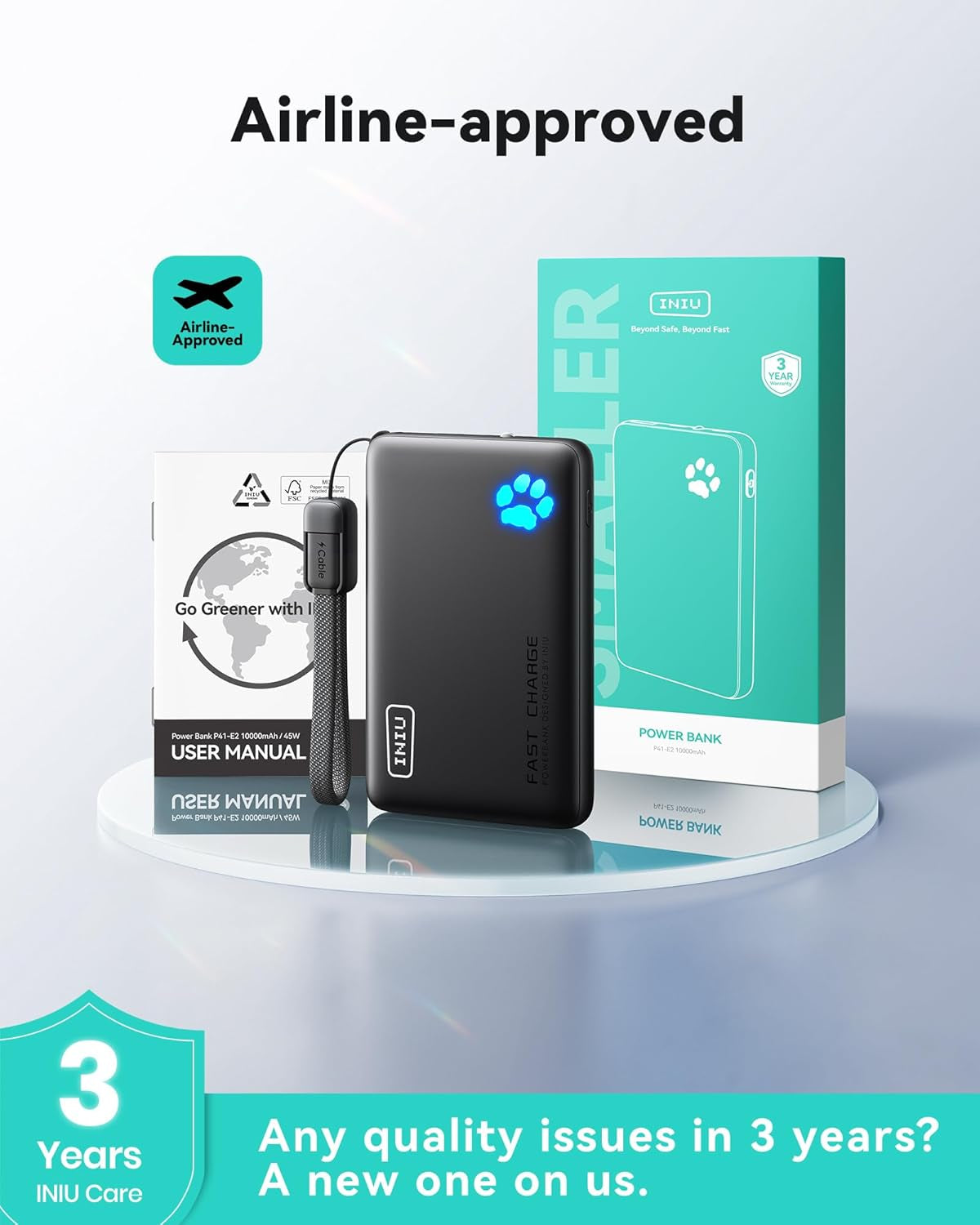 45W Fast Charging Portable Charger, 40% Smaller 10000Mah with Detachable Cable, Flight-Safe Travel Power Bank, USB C External Phone Battery Pack for Iphone 17 16 Pro Ipad Samsung S26 Google Etc
