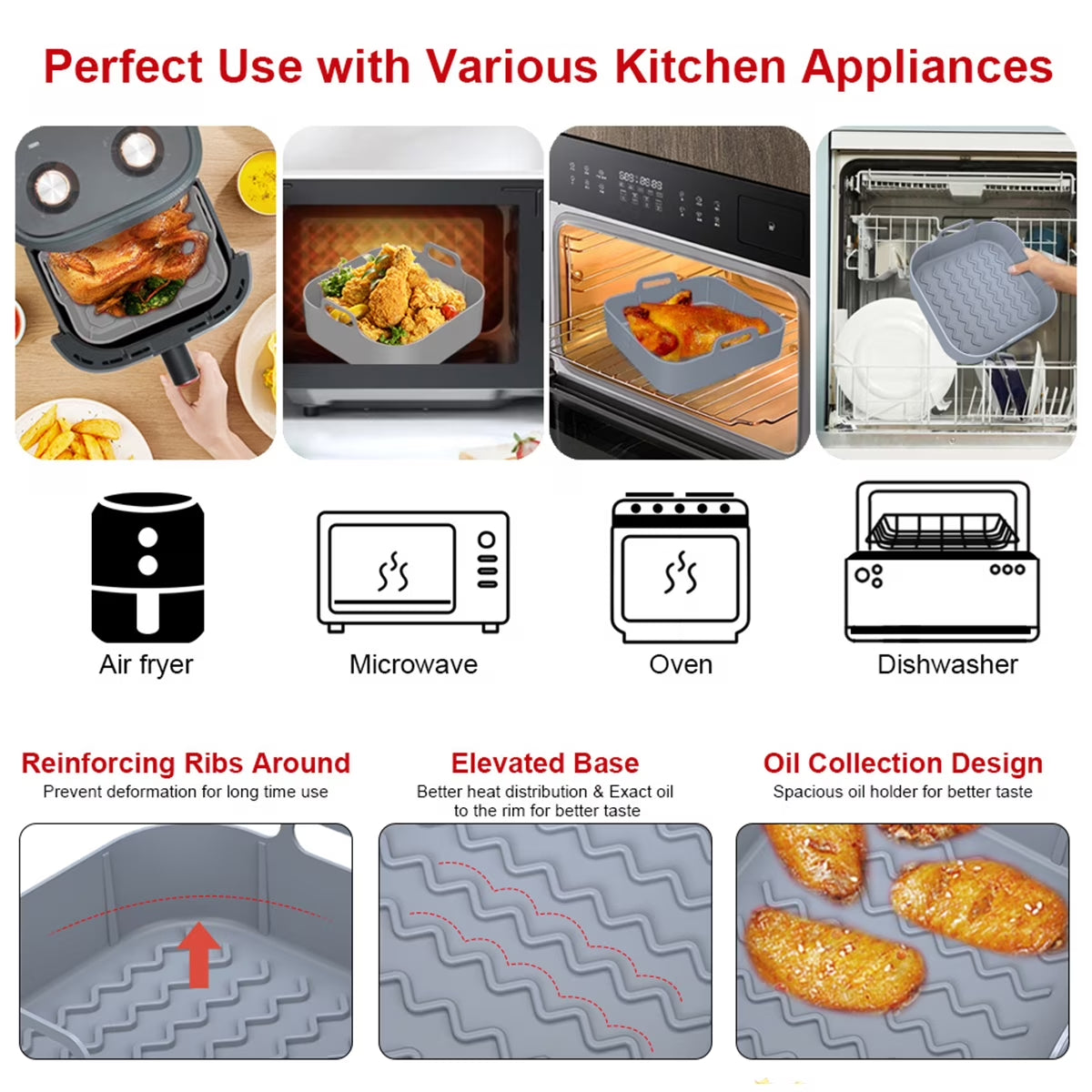 2Pcs Air Fryer Silicone Liner with Handle Reusable Air Fryer Silicone Pan Square Air Fryer Silicone Pot Heat Resistant Air Fryer Silicone Tray Nonstick Air Fryer Liner Accessories for 6QT Air Fryer