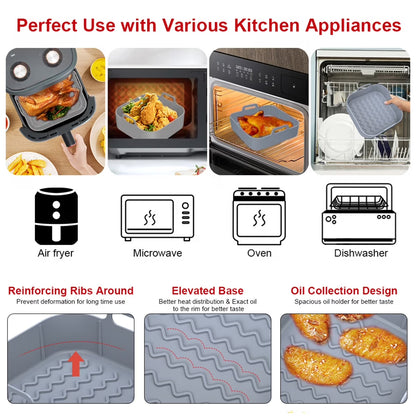 2Pcs Air Fryer Silicone Liner with Handle Reusable Air Fryer Silicone Pan Square Air Fryer Silicone Pot Heat Resistant Air Fryer Silicone Tray Nonstick Air Fryer Liner Accessories for 6QT Air Fryer