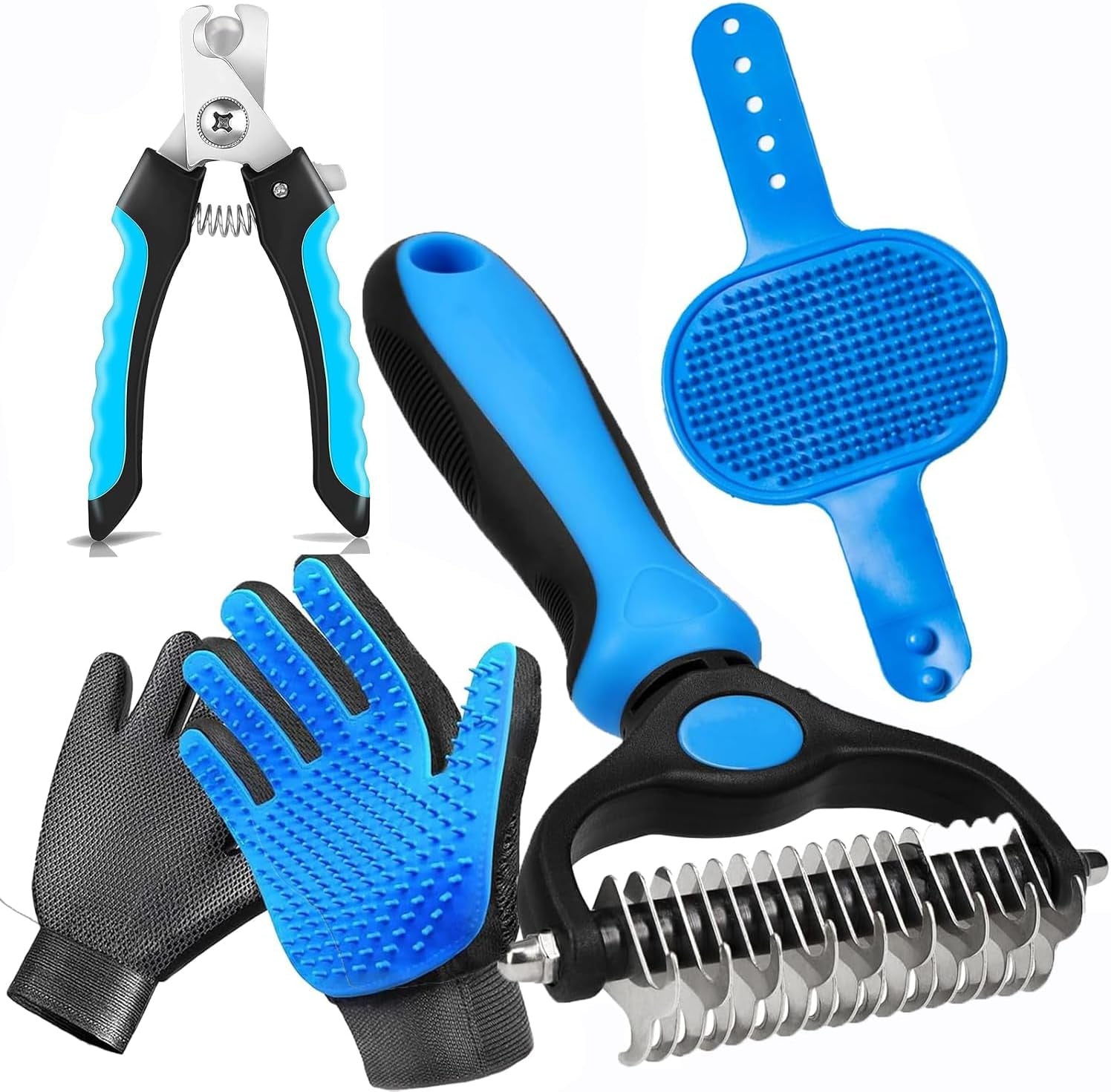 Pet Hair Removal Glove for Dogs & Cats, 2-In-1 Deshedding Brush & Massage Mitt - Grooming Gloves for Shedding Control, Bathing and Washing, Safe for Short/Long Hair Pets 2-Pack (Blue)