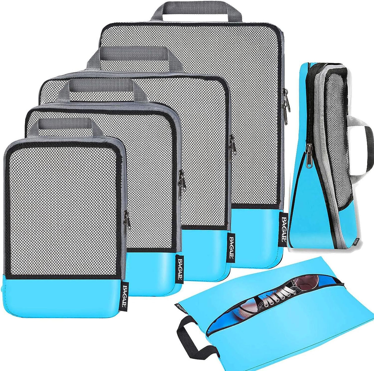 4 Set/6 Set/8 Set Compression Packing Cubes Travel Accessories Expandable Packing Organizers (Half Mesh, 6-Black)