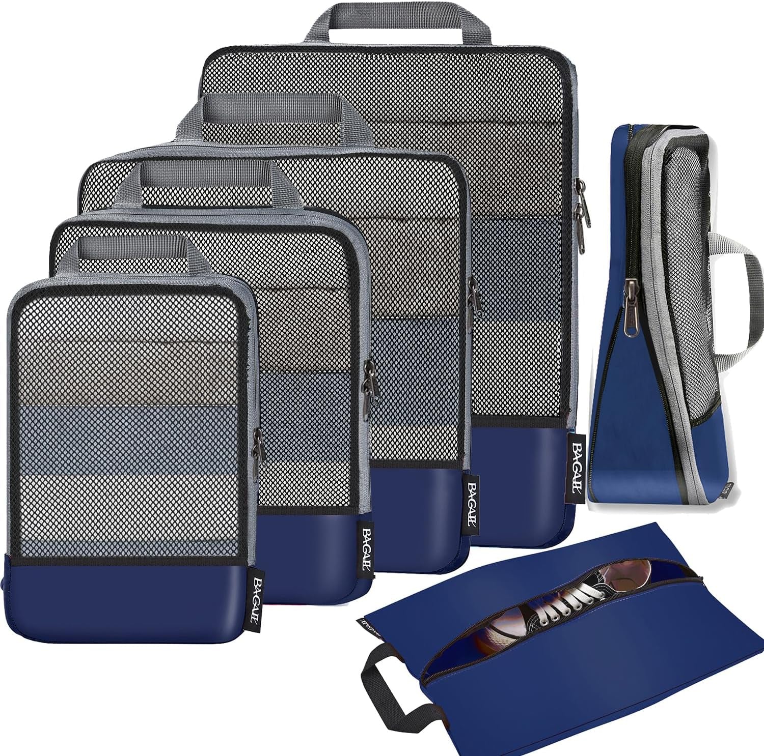 4 Set/6 Set/8 Set Compression Packing Cubes Travel Accessories Expandable Packing Organizers (Half Mesh, 6-Black)