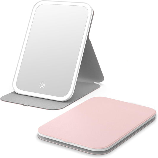 Travel Makeup Mirror, Portable LED Lighted Makeup Mirror, 360° Rotation Touch Screen Vanity Mirror, 60 Leds, 3-Color Dimmable Lighting, Rechargeable Tabletop Folding Cosmetic Mirror, Pink