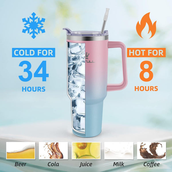 40 Oz Tumbler with Handle and Straw Lid, 100% Leak-Proof, Pinkblue | Stainless Steel Insulated Travel Coffee Cup, Keeps Cold 34Hrs or Hot 10Hrs, Dishwasher Safe