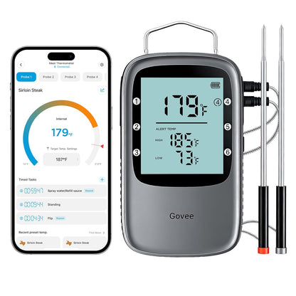 Govee Bluetooth Meat Thermometer Digital with Smart App Timer and Alerts | 2 Probes, 230Ft Bluetooth Range, Smart LCD Backlight, Free Data Storage, Grill Thermometer for Cooking Turkey, Beef, Fish