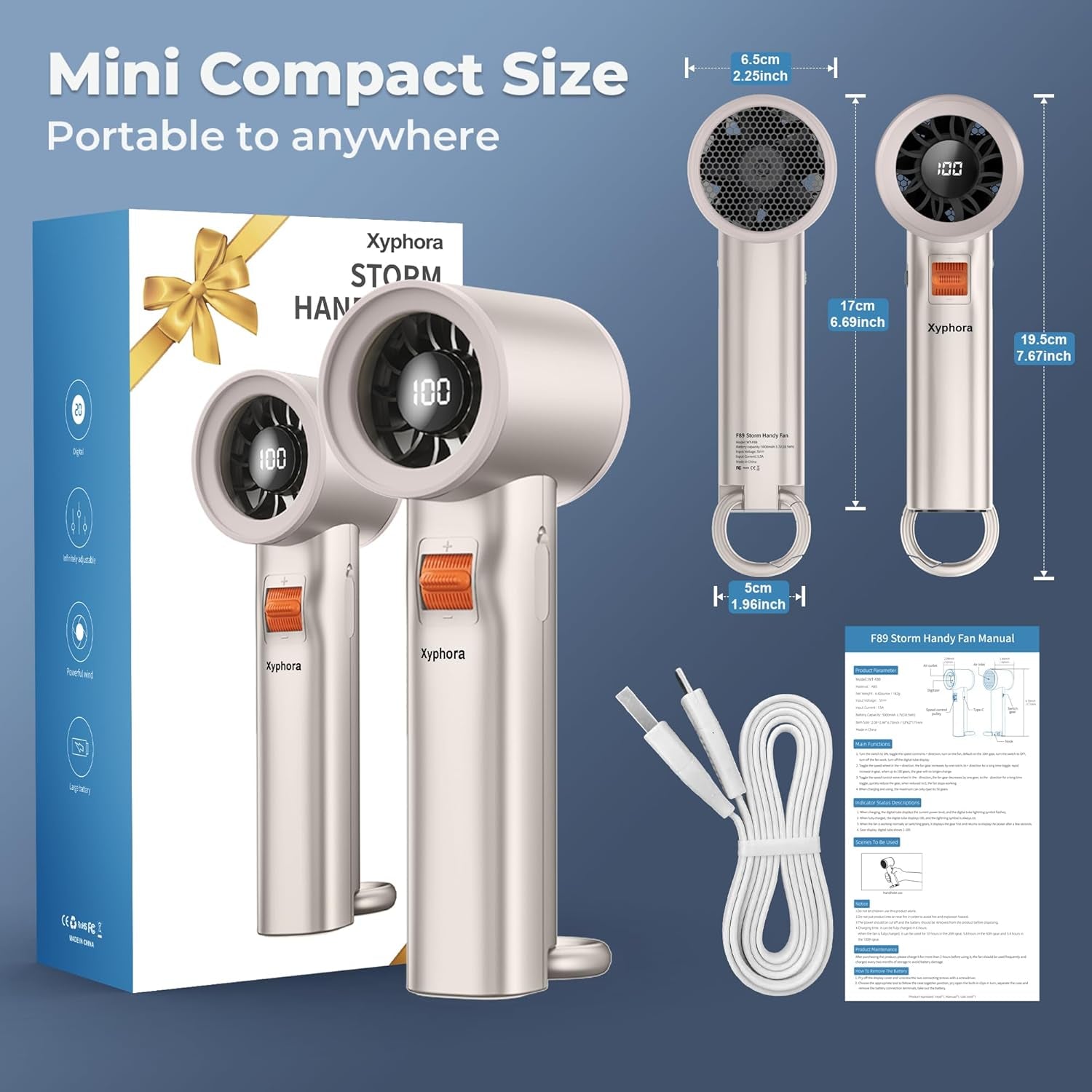 Portable Handheld Turbo Fan for Outdoor- 5000Mah Mini Handheld Personal Pocket Fan for Powerful Airflow Wind - 20Hrs,100 Speeds Adjustable-Digital Display,Gifts for Travel,Outdoor Activites (Camping)