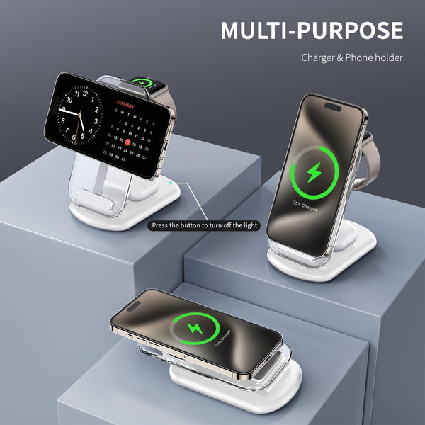 2026 Traveling Wireless Mag-Safe Fast Charging Station,Magnetic 3 in 1 Charger with Light for Iphone 17 16 15 14 13 12 Pro Max Plus,Apple Watch& Air Pods 4 3 2 Pro-Gifts for Wife & Husband(White)