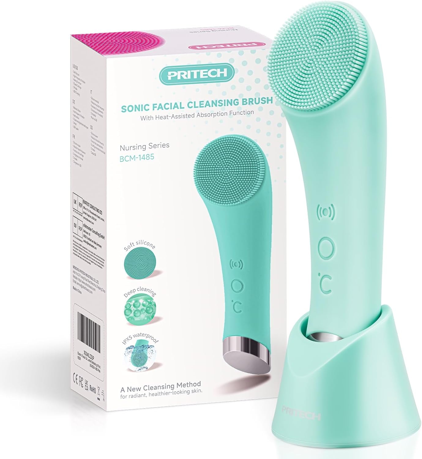 Facial Cleansing Brush, Rechargeable Silicone Face Scrubber with Heat Massage End, Vibrating Exfoliator Scrubber for Deep Cleaning, Waterproof Face Brush for Women and Men (Pink)