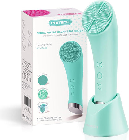 Facial Cleansing Brush, Rechargeable Silicone Face Scrubber with Heat Massage End, Vibrating Exfoliator Scrubber for Deep Cleaning, Waterproof Face Brush for Women and Men (Pink)