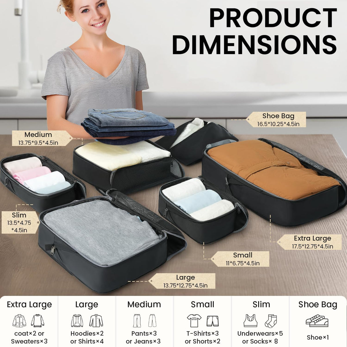 4 Set/6 Set/8 Set Compression Packing Cubes Travel Accessories Expandable Packing Organizers (Half Mesh, 6-Black)