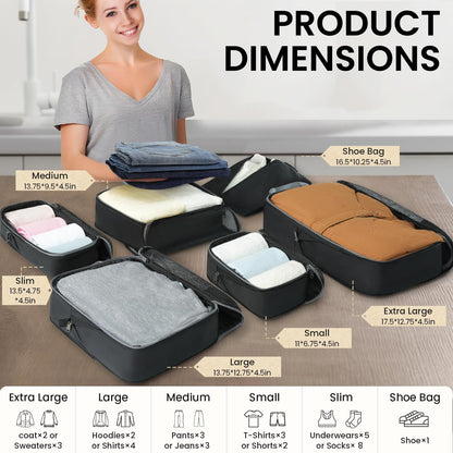 4 Set/6 Set/8 Set Compression Packing Cubes Travel Accessories Expandable Packing Organizers (Half Mesh, 6-Black)