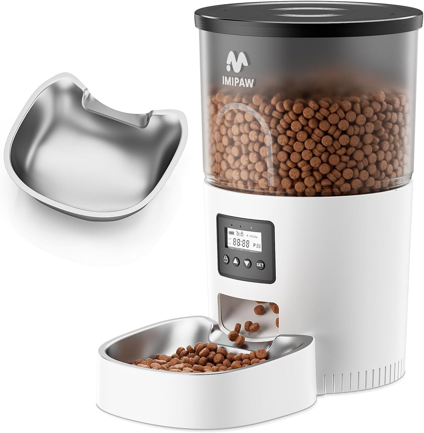White automatic pet feeder with removable stainless steel bowl