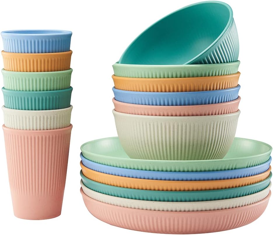 18Pcs Unbreakable Dinnerware Set Dish Set Kitchen Plates and Bowls Sets |  Wheat Straw Dinnerware Sets Dishwasher and Microwave Safe Outdoor Apartment Dinning RV Camping Essentials