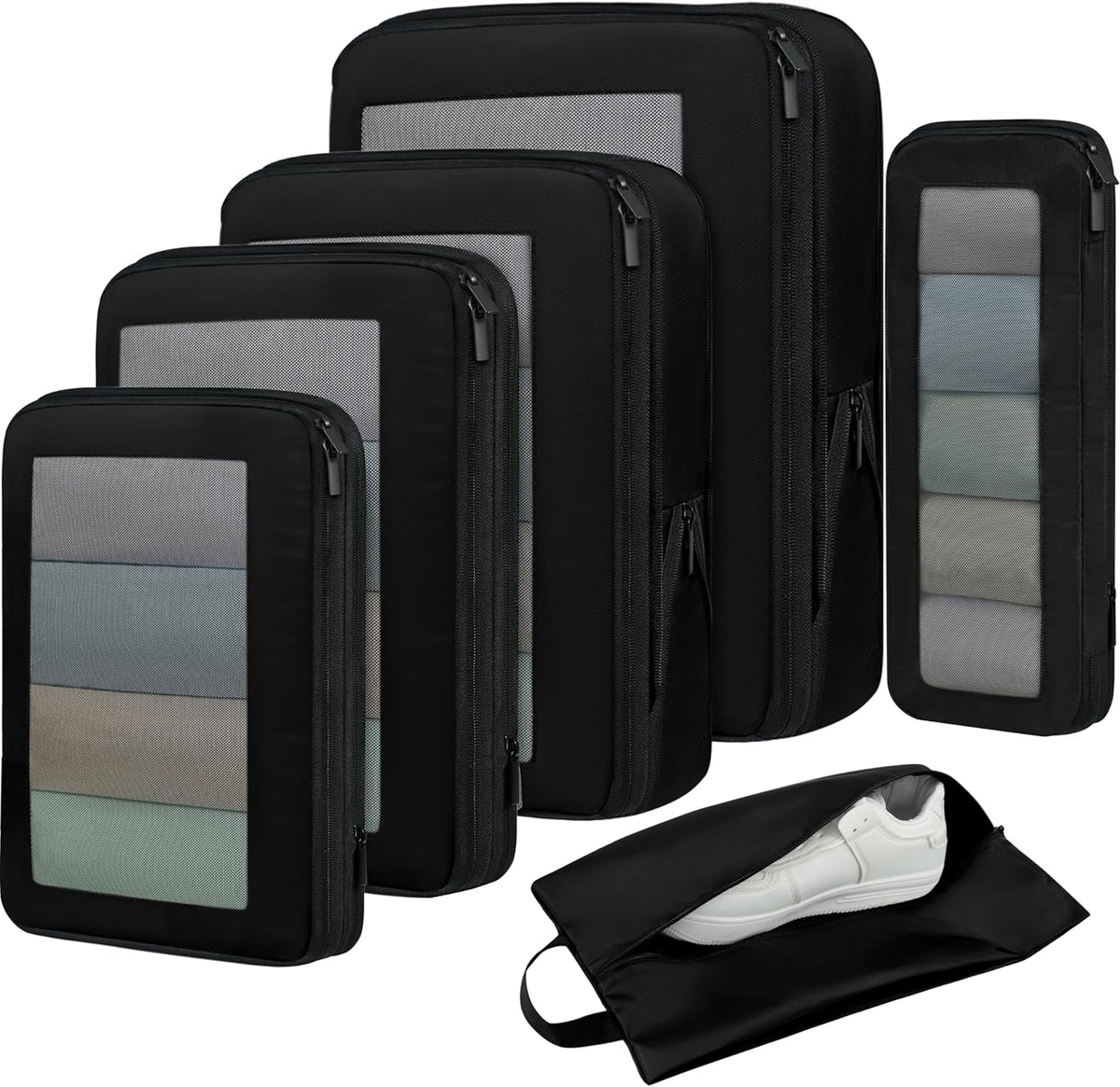 4 Set/6 Set/8 Set Compression Packing Cubes Travel Accessories Expandable Packing Organizers (Half Mesh, 6-Black)