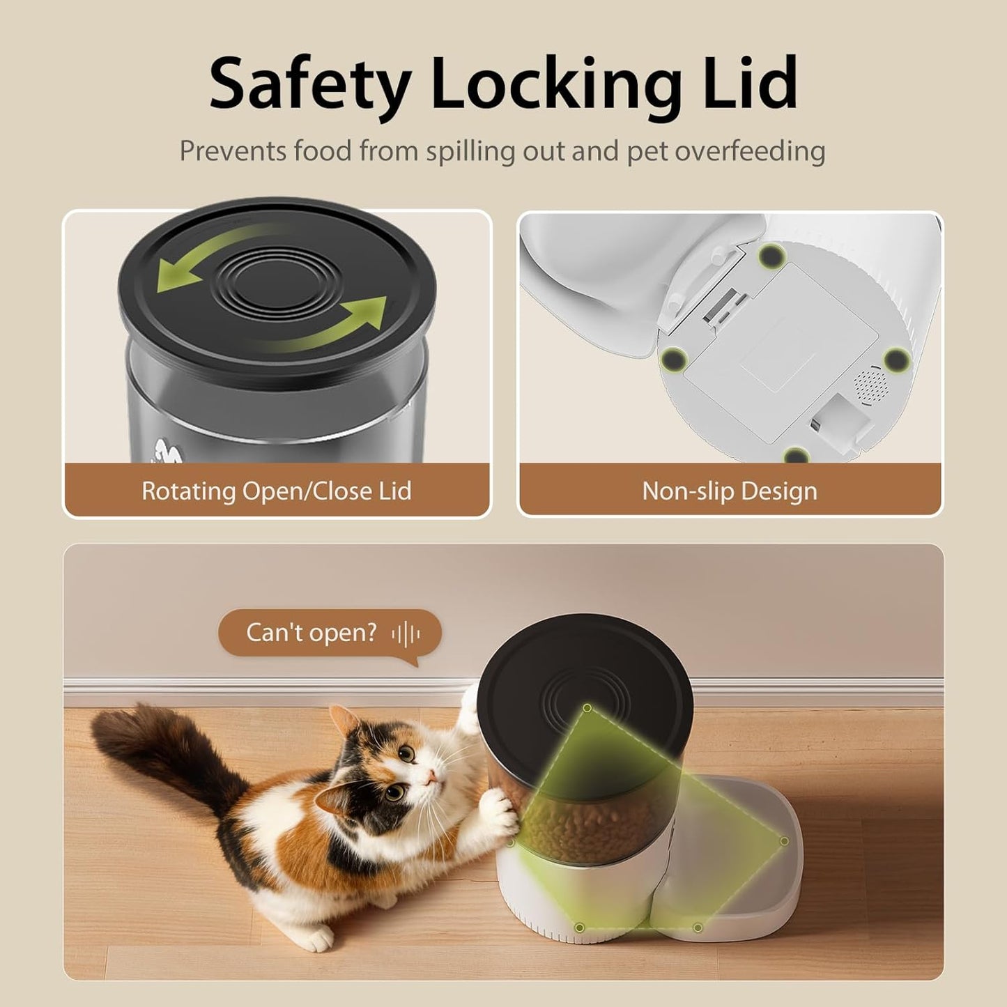 Safety locking lid stops spills and overfeeding
