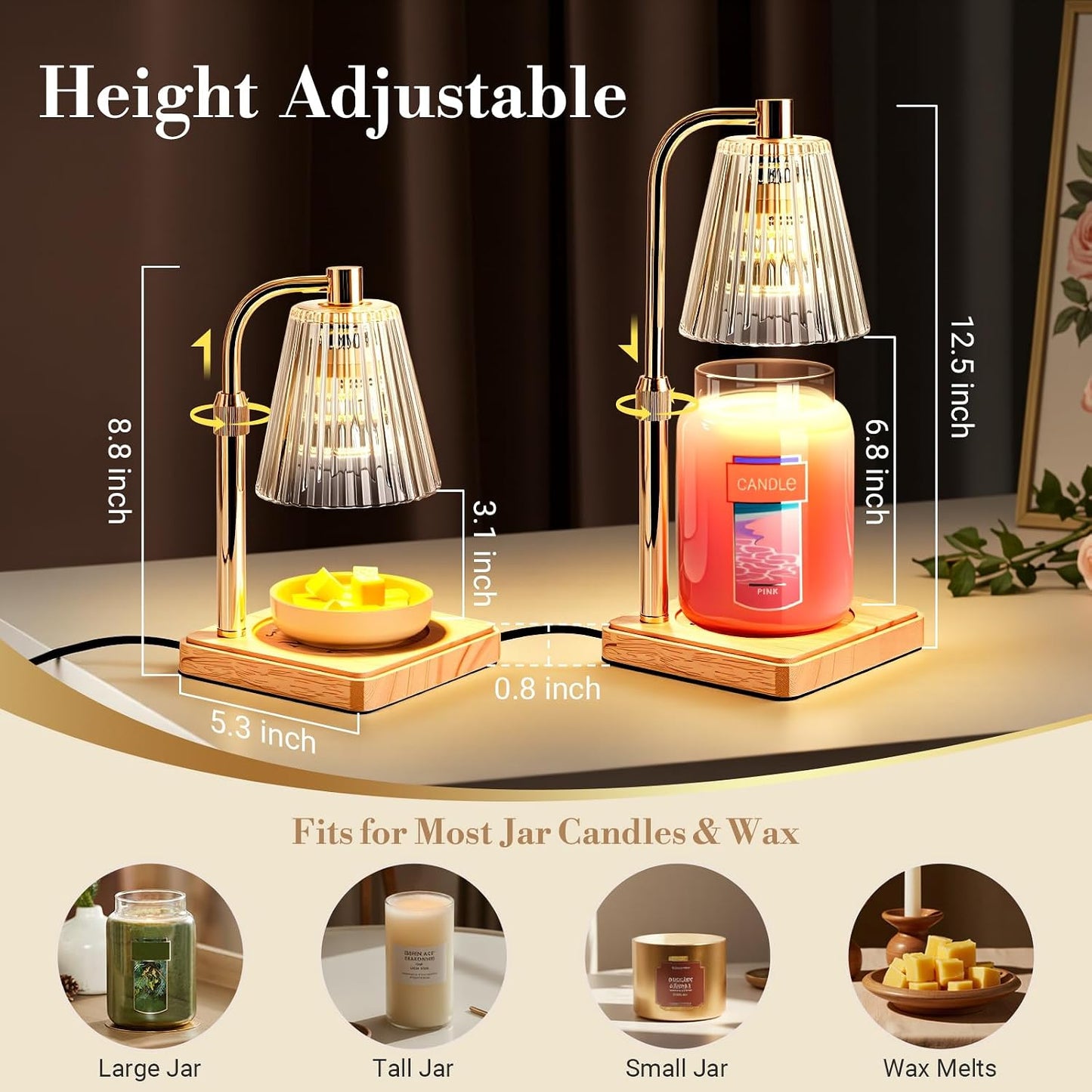 Candle warmer lamp height adjustment and dimensions