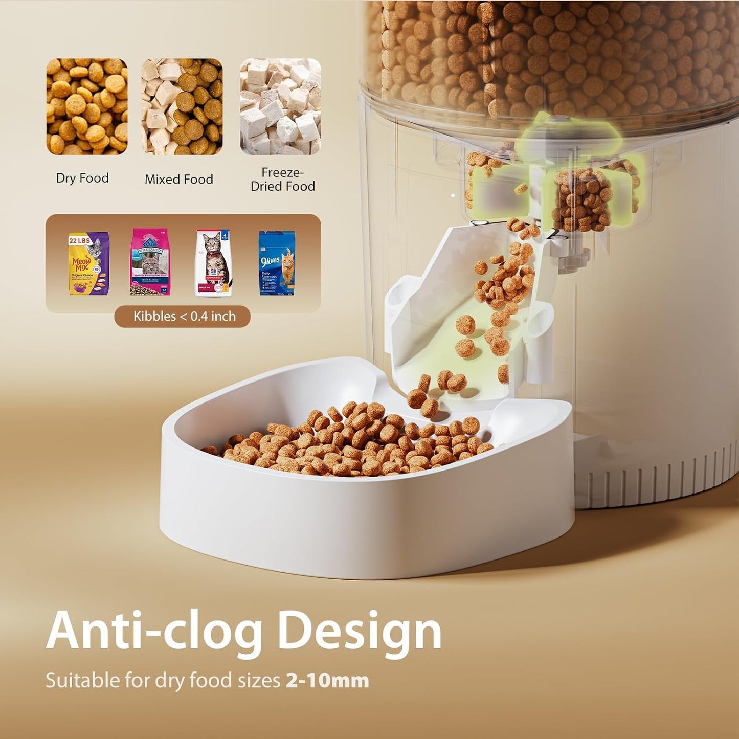 Anti-clog dispenser suits dry food 2 to 10mm