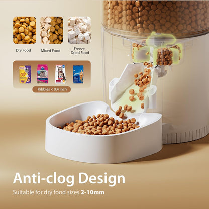 Anti-clog dispenser suits dry food 2 to 10mm