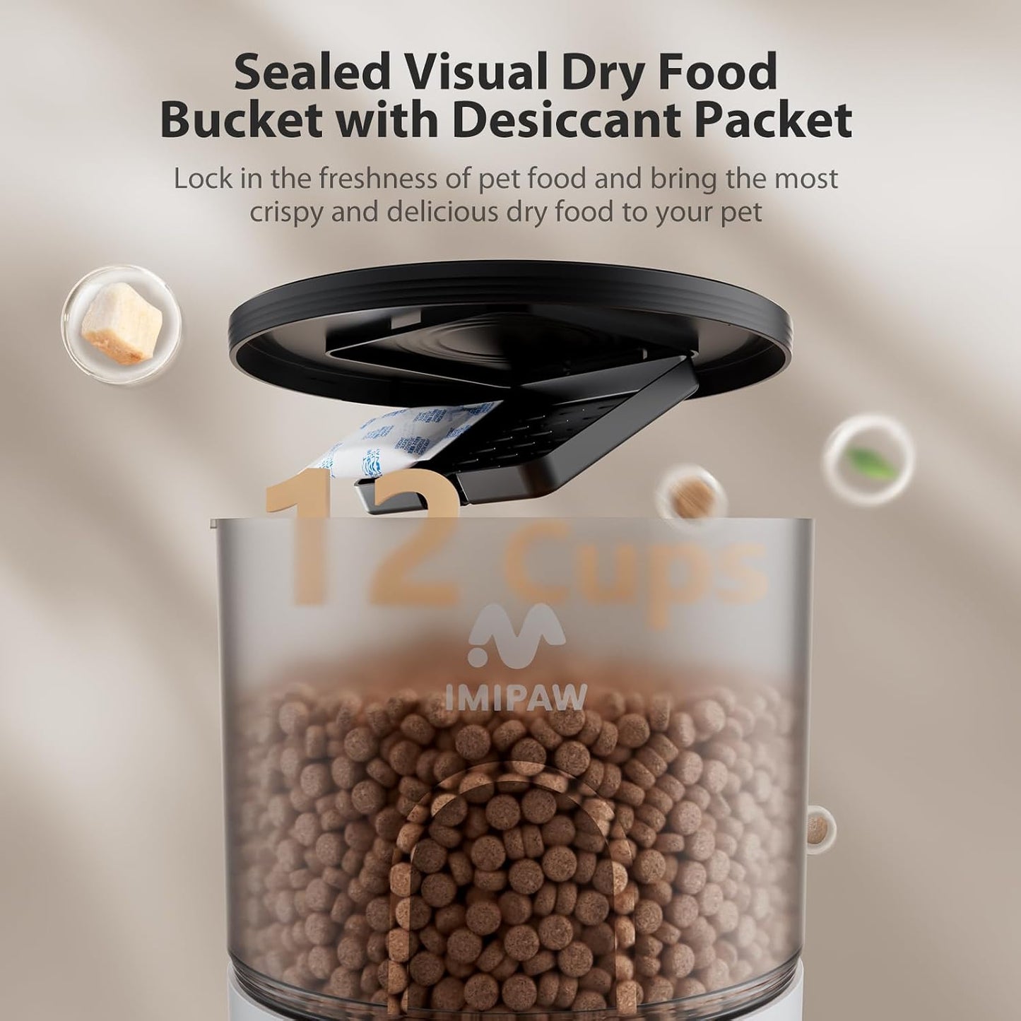 Sealed food bucket with desiccant packet keeps kibble dry