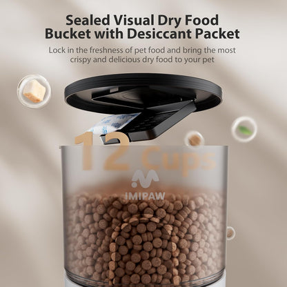 Sealed food bucket with desiccant packet keeps kibble dry