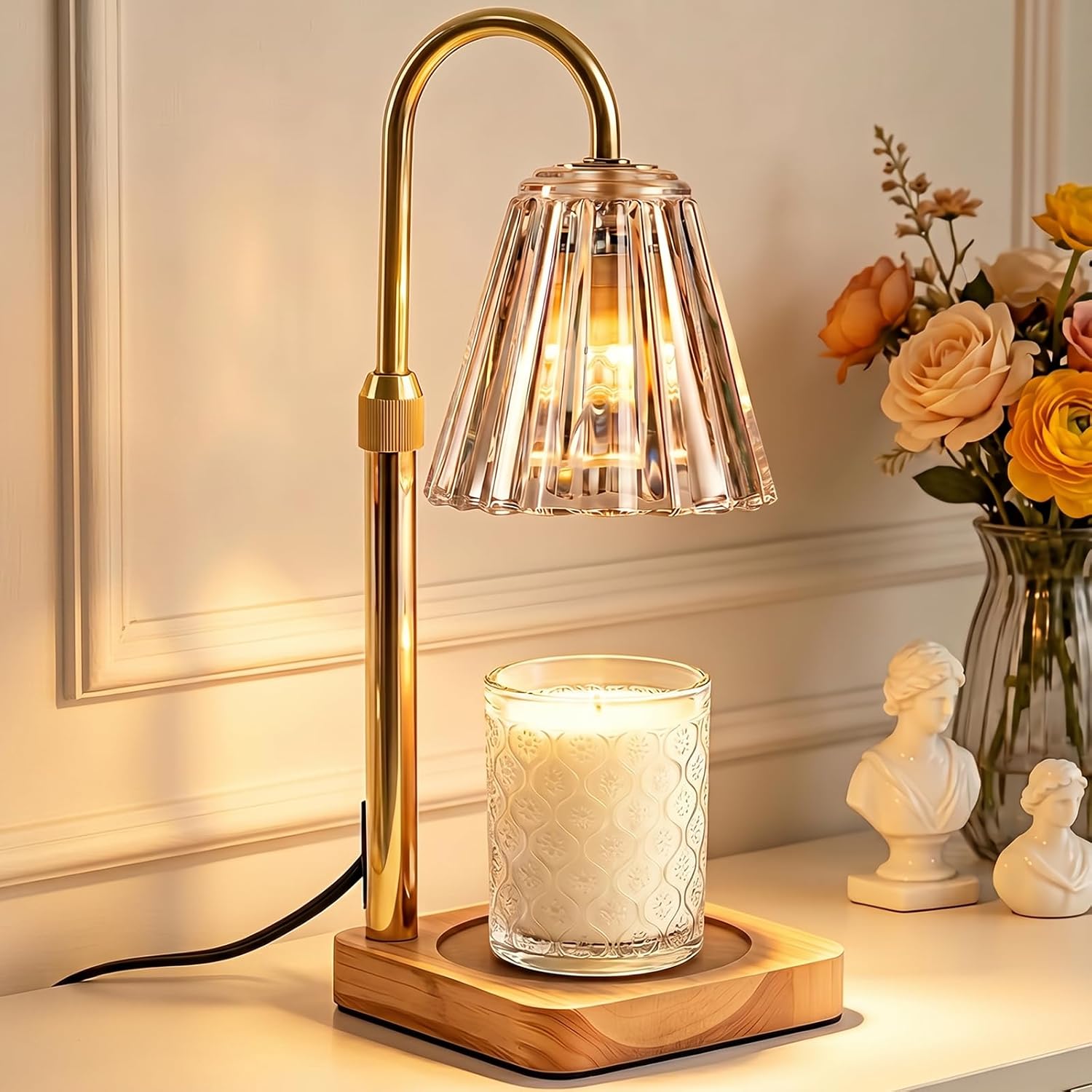 Gold candle warmer lamp with wooden base and flowers