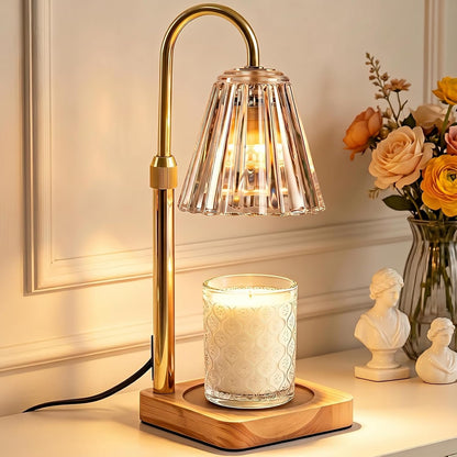 Gold candle warmer lamp with wooden base and flowers