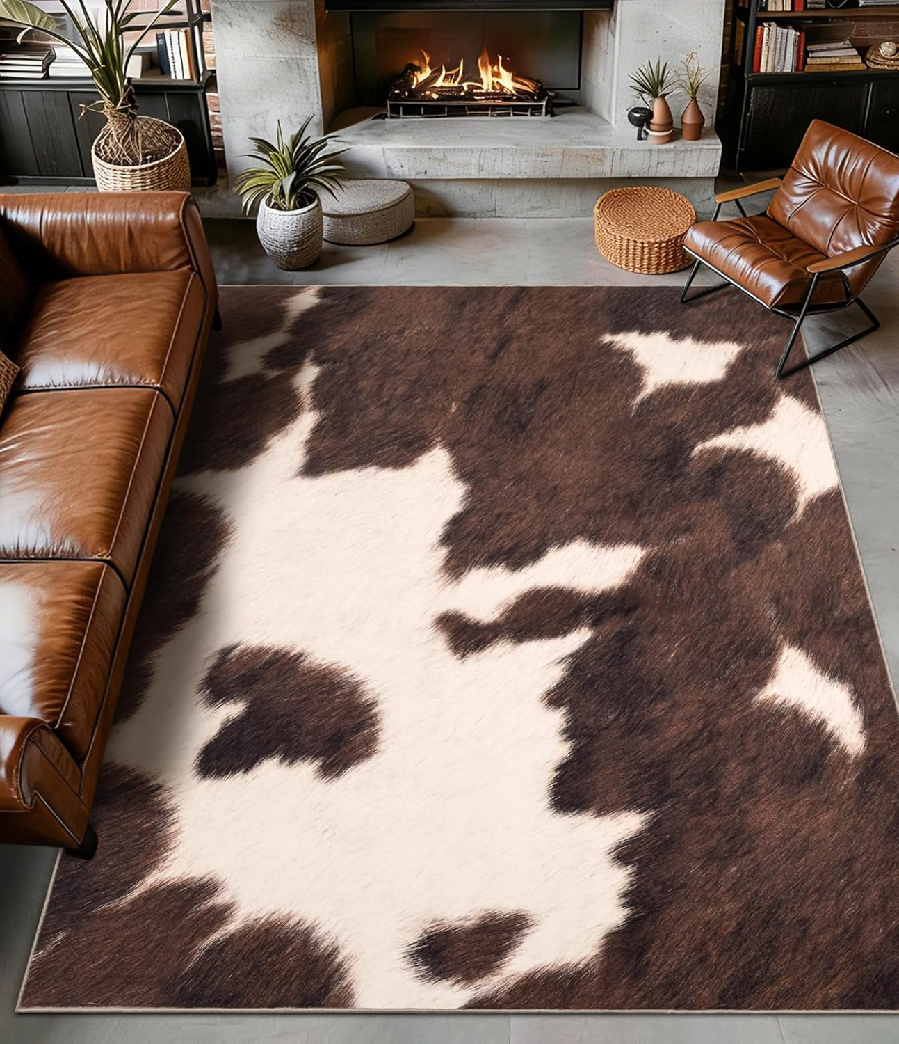 Cowhide 4X6 Area Rug, Brown Cow Rugs for Living Room, Soft Low-Pile Washable Rug, Western Rustic Faux Animal Print Rugs for Bedroom, Dining Room