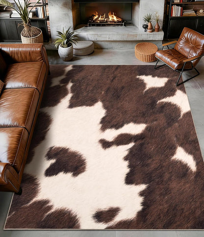 Cowhide 4X6 Area Rug, Brown Cow Rugs for Living Room, Soft Low-Pile Washable Rug, Western Rustic Faux Animal Print Rugs for Bedroom, Dining Room