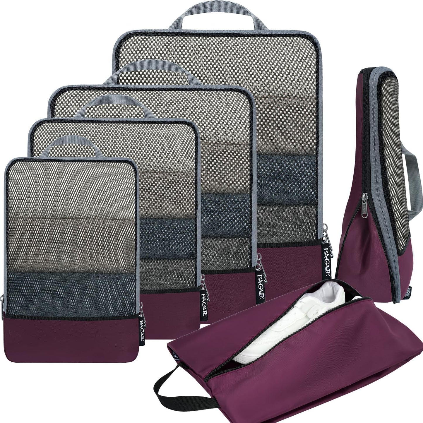 4 Set/6 Set/8 Set Compression Packing Cubes Travel Accessories Expandable Packing Organizers (Half Mesh, 6-Black)