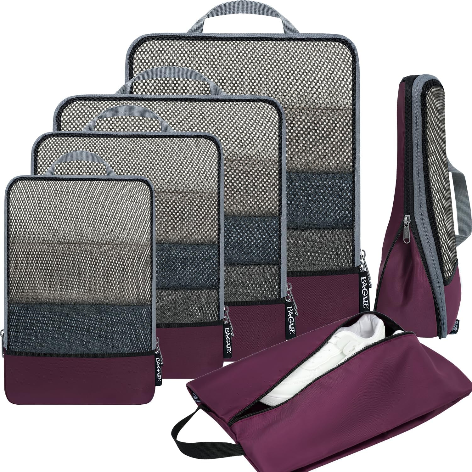 4 Set/6 Set/8 Set Compression Packing Cubes Travel Accessories Expandable Packing Organizers (Half Mesh, 6-Black)