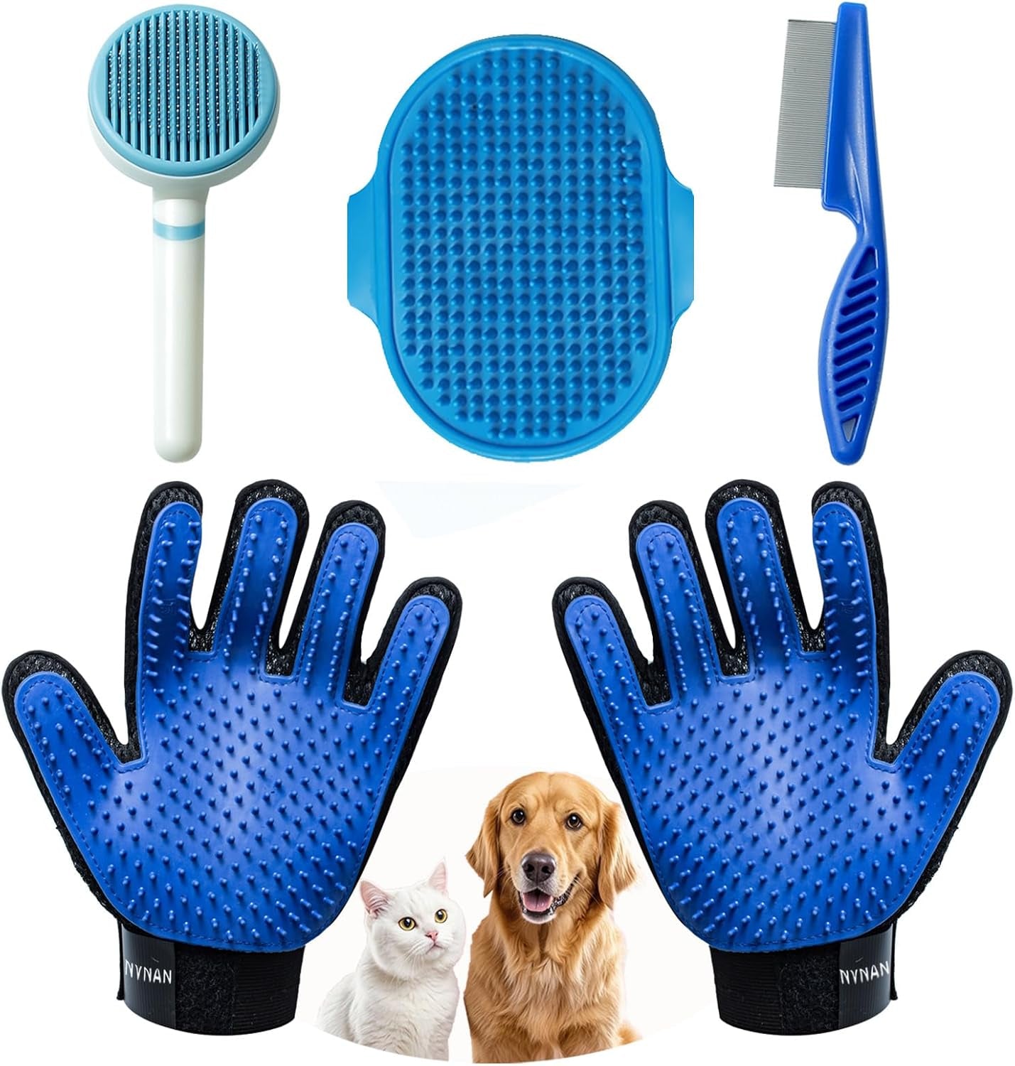 Pet Hair Removal Glove for Dogs & Cats, 2-In-1 Deshedding Brush & Massage Mitt - Grooming Gloves for Shedding Control, Bathing and Washing, Safe for Short/Long Hair Pets 2-Pack (Blue)